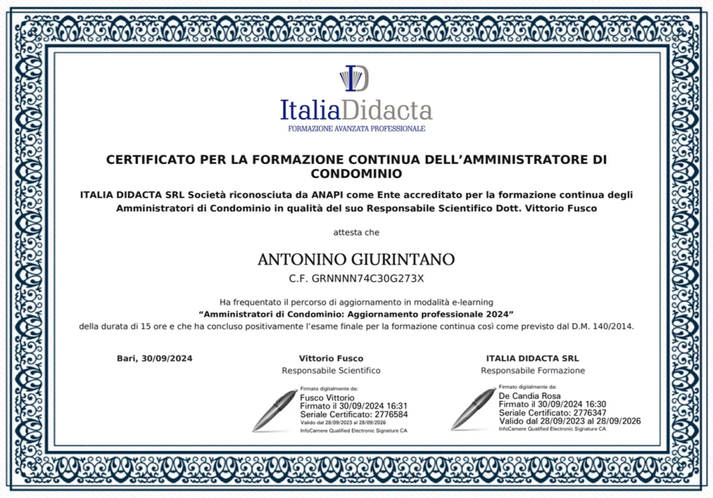 Certificato di aggirnamento amministratore di condominio a Palermo